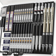 (Black) 35pcs Art Mechanical Pencil Set, 3pcs Metal Drafting Pencil 0.5, 0.7, 0.9mm & 3pcs 2mm Lead Holder(6B 4B 2B HB 2H 4H Colors)