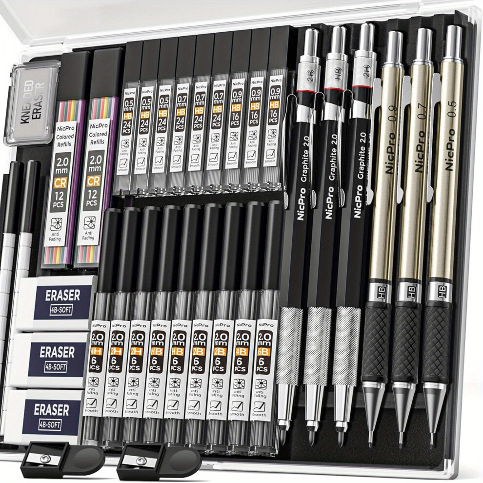 Mdsrjone (Black) 35Pcs Art Mechanical Pencil Set, 3Pcs Metal Drafting Pencil 0.5, 0.7, 0.9Mm & 3Pcs 2Mm Lead Holder(6B 4B 2B Hb 2H 4H Colors) Black