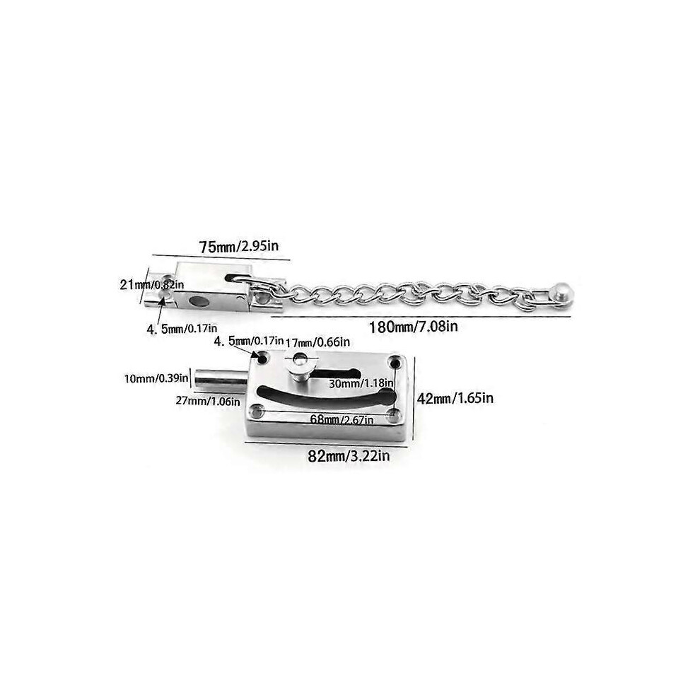(As show, One size) Sliding Lock Barrel Bolt Stainless Steel Security Anti-theft Chain with Screws, Stainless Steel Anti-theft Chain Latch Thickened Latch,Silver