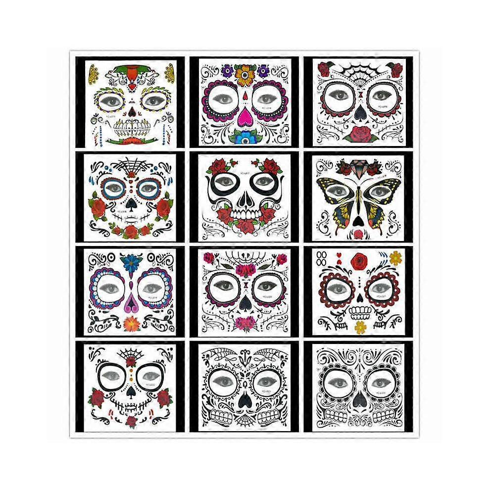 (As show, One size) 12 PCS Halloween Sticker Temporary face tattoos makeup halloween masquerade Clown smile floral Skeleton black atmosphere of terror
