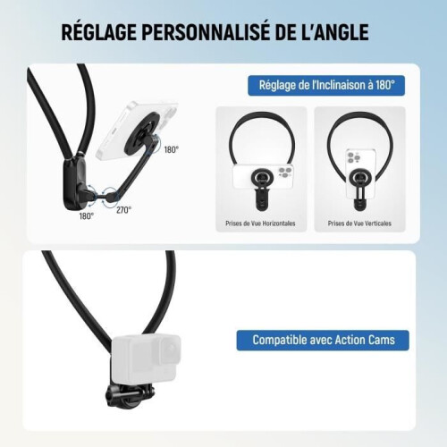 Sangle de cou magnétique pour caméra d'action et téléphone, support de cou compatible avec GoPro, DJI, Insta360, iPhone et Android 1