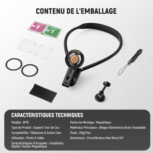 Sangle de cou magnétique pour caméra d'action et téléphone, support de cou compatible avec GoPro, DJI, Insta360, iPhone et Android 2