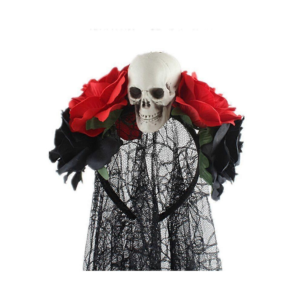 (As show, One size) Halloween Day of the Dead Headband and Veil, Mexican Skull Red Rose Hairband Halloween Floral Headband Women Ladies Adults Hallowe