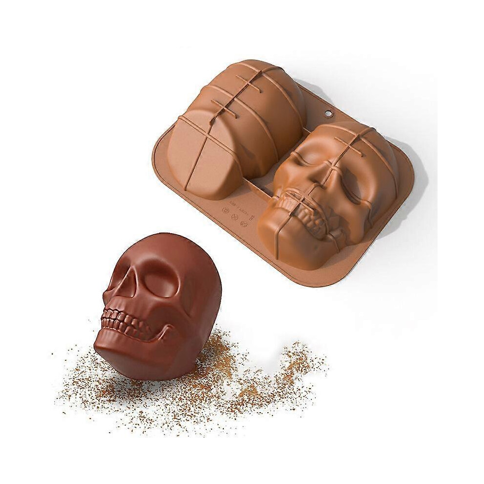 (As show, One size) Large Realistic Silicone Skull Cake Mould Diy Baking Cake Mold For Halloween Gifts brown