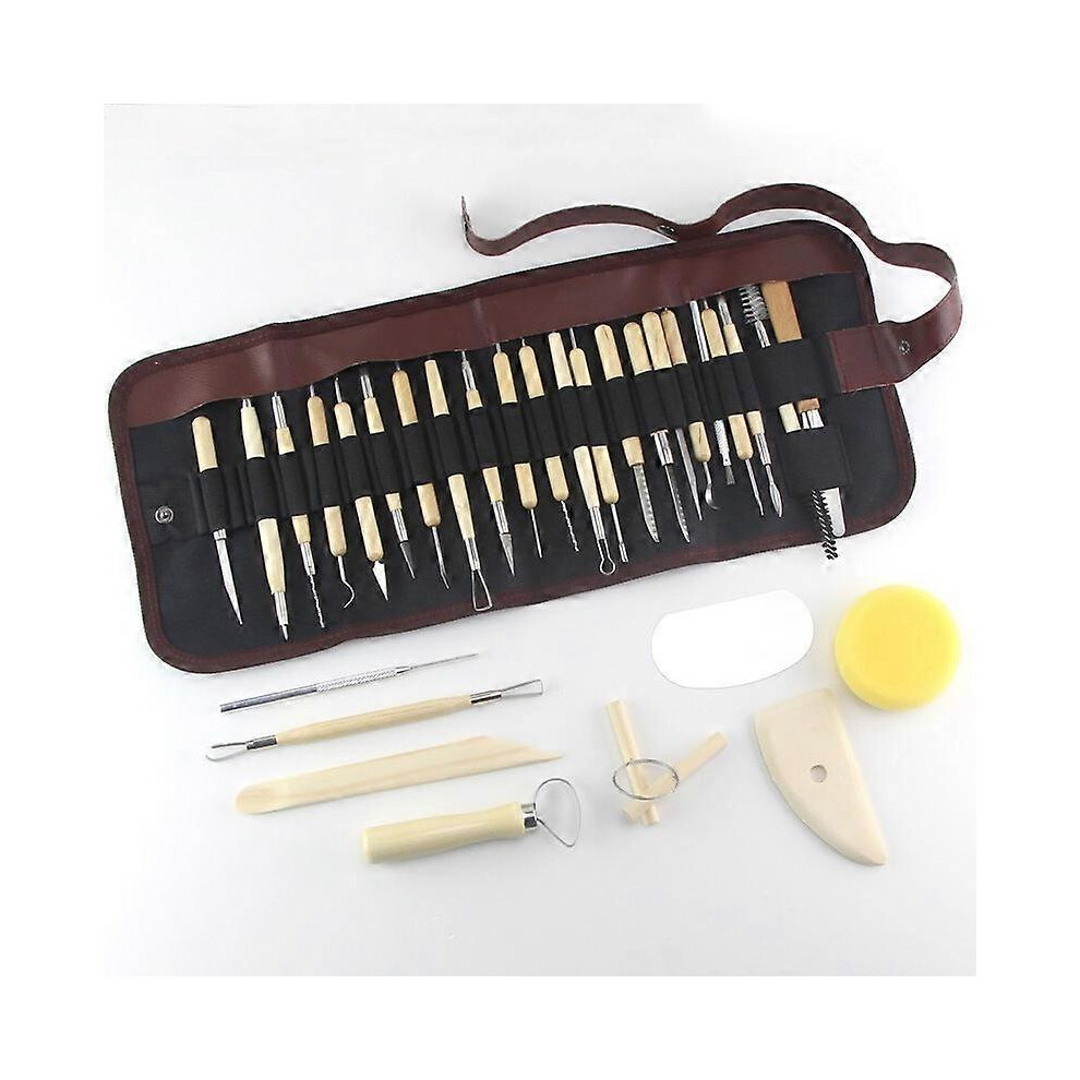 (As show, One size) 31 PCS Clay Wax Sculpting Pottery Tools Kit Sculpting Tools with Rolling Cloth Bag, Clay Carving Knife Clay Auxiliary Tool Set DIY Teaching Supplies