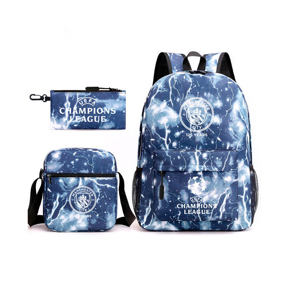 (Style-11, Three-piece set) Football fans around primary school students Manchester City schoolbags large capacity backpack three-piece set
