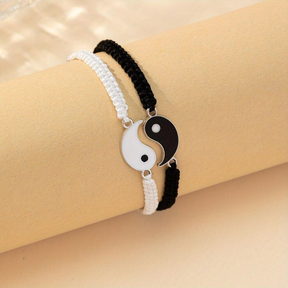 Yin Yang Tai Chi Matching Bracelets 2pcs/set- Adjustable Cord Friendship Bracelets For Couples - Perfect Bff, Boyfriend, Girlfriend Gift