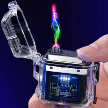 (Red, One size) 2022 New Outdoor Windproof Waterproof Double Arc Cigarette Lighter Transparent Body Lighter USB Pulse Lighter Camping Lighter