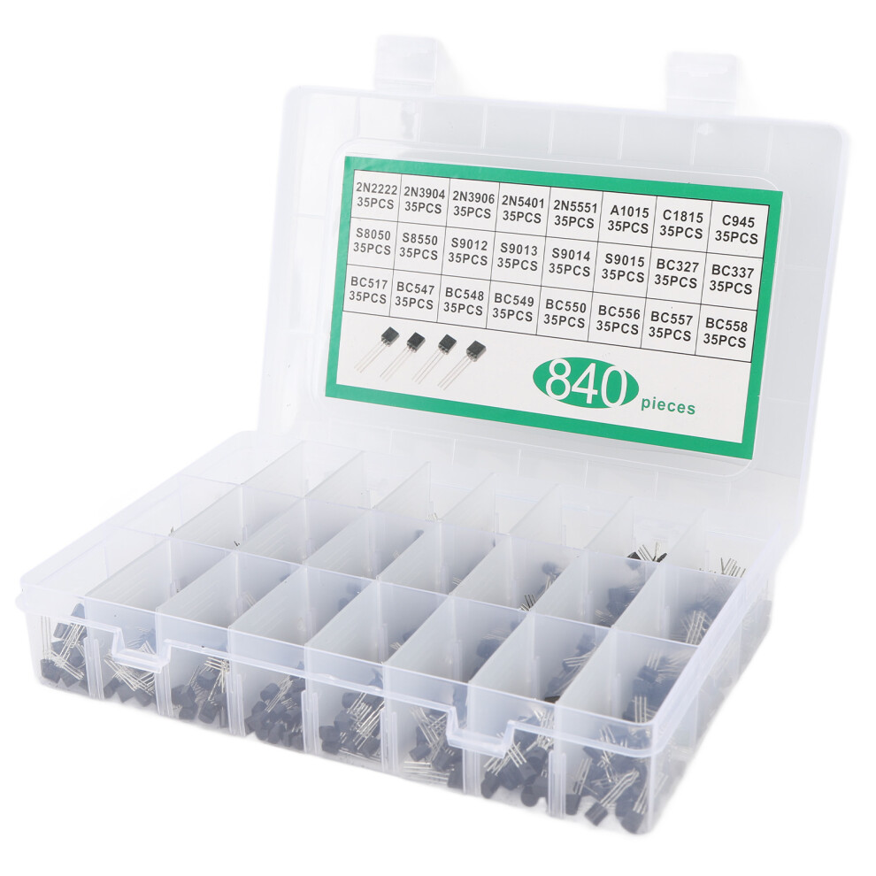 840Pcs Bc337 Bc549 A1015 Transistor Diode Triode 24 Value Npn Pnp Power General Purpose Transistor Assortment Kit 6941318936091