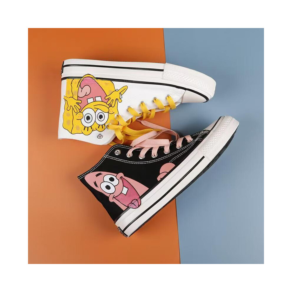 (SpongeBob Shoes with Pink and Yellow Shoelaces, 39) 2024 Breathable Spring/Autumn New Trend Canvas Shoes for Men and Women, Student Hand-Painted Low-Top and High-Top White Sneakers.