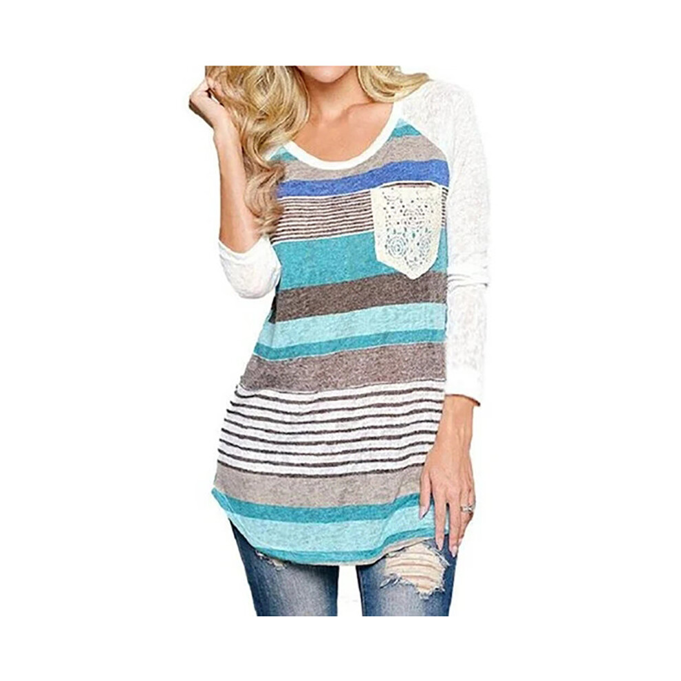 (Blue,XXL)T-shirt décontracté femme en coton chemisier ample mode coton chemisier manches longues