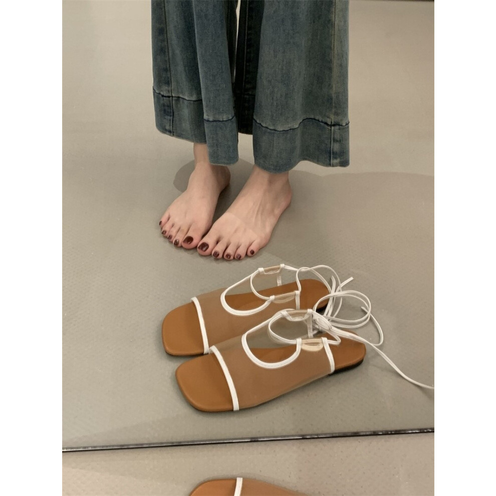 (White, EU36) French Square Toe Laced Breathable Net Open Toe Sandals Summer Strappy Flat Thong Sandals Women