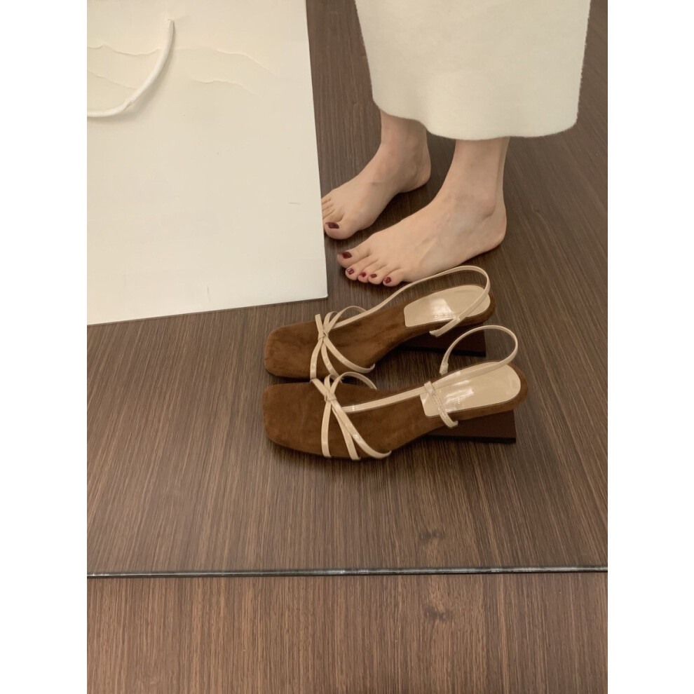 (Nude, EU39) French-style elegant single-strap open-toe block heel sandals for women, match with skirts, high-heeled Roman sandals