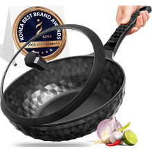 Diamond X Premium Non Stick Wok Pan with Lid - 11"""" Large Flat Bottom Chinese Wok - Woks & Stir-fry Pans Nonstick - Titanium-Coated 8-Layered Kor
