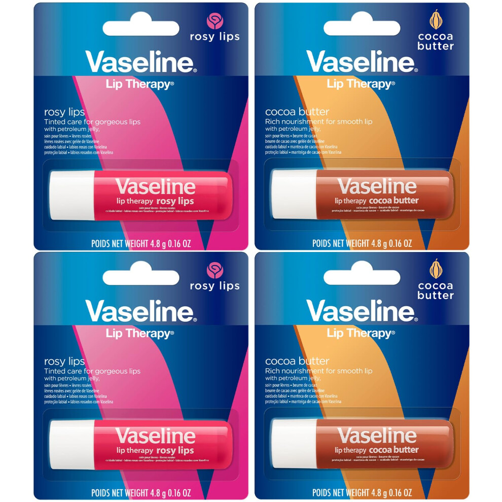 Vaseline Lip Therapy Variety 4-Pack - Rosy Lips + Cocoa Butter Moisturizing Lip Balm with Vitamin E  0.16 Oz Ea