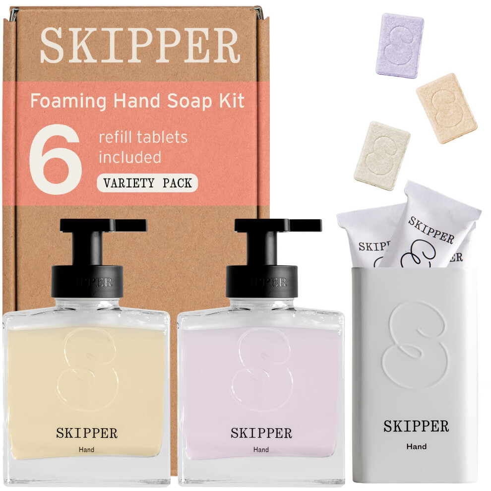 Tirtyl Skipper Hand Wash Duo Kit Glass - 2 Glass Foaming Dispensers + 6 Tablet Refills (6X 8 Fl Oz Bottles Of Soap) + 1 Storage Tin - Variety Fra
