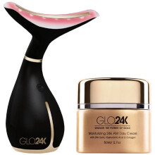 GLO24K nakke og ansigt LED sknhedsmassager plus 24k fugtgivende dagcreme. Den ultimative duo til nakkepleje.