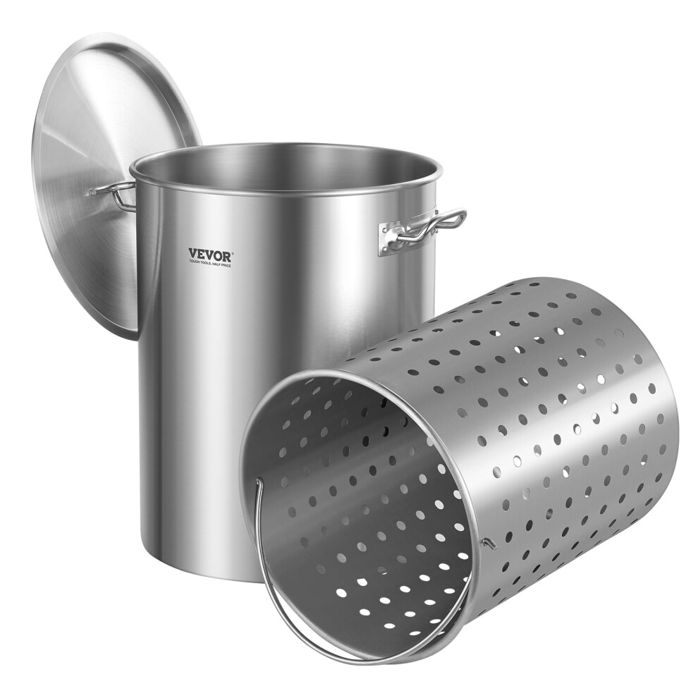 VEVOR Stainless Steel Stockpot  36 Quart Cooking Pots  Cookware Sauce Pot with Basket  Lid  and Handle  Heavy Duty Commercial Grade Stock Pot  Sa
