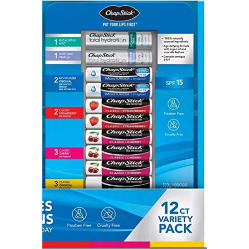 ChapStick Variety Pack Classic Original Cherry Strawberry Lip Moisturizer & Total Hydration (12 ct.)