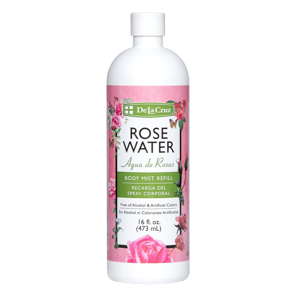 De La Cruz Rose Water Body Mist Refill- Rosewater Spray For Face Skin And Hair 16 Fl Oz (1 Bottle)
