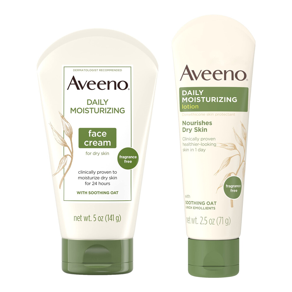 Aveeno Daily Moisturizing Fragrance-Free Face & Neck Cream Oat Facial Moisturizer for Dry Skin 5 oz & Aveeno Daily Moisturizing Body Lotion wi