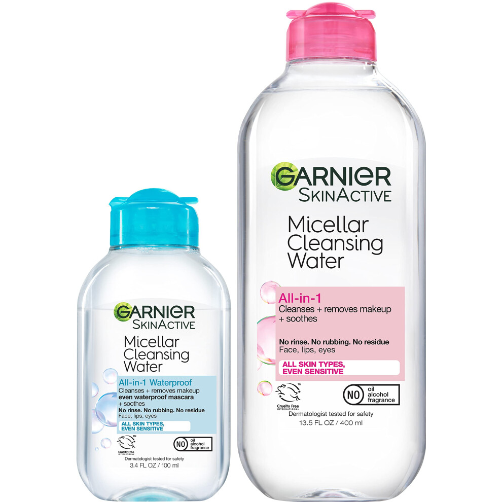 Garnier Micellar Cleansing Water For All Skin Types 13.5 Fl Oz + Micellar Cleansing Water For Waterproof Makeup 3.4 Fl Oz
