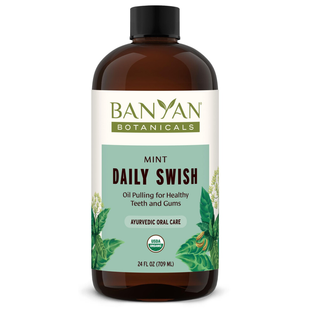 Banyan Botanicals Mint Daily Swish - Organic Ayurvedic Pulling Oil With Coconut Oil - Mouthwash For Fresh Breath And Sparkling Oral Health* - 24 Oz