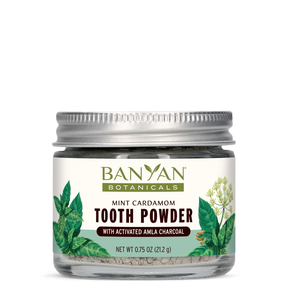 Banyan Botanicals Mint Cardamom Tooth Powder - Ayurvedic Fluoride-Free Toothpaste Alternative With Miswak & Activated Charcoal (From Amla) - 0.75