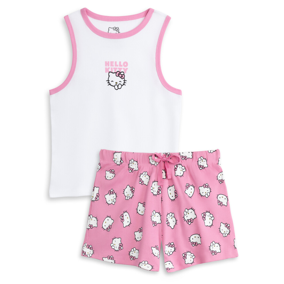 (Medium) Hello Kitty Vest and Shorts Pyjama Set (Womens Pink)