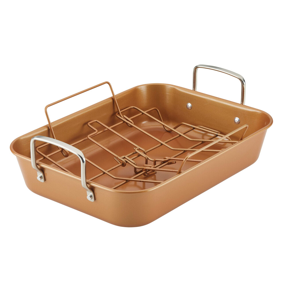 Ayesha Curry Nonstick Roaster / Roasting Pan with Rack - 11 Inch x 15 Inch Brown