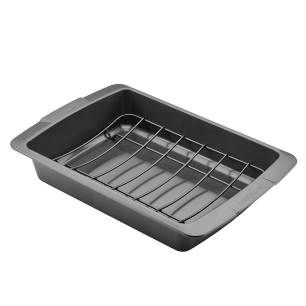 Farberware Bakeware Nonstick Roasting Pan/Roaster with U-Rack 14.75 Inch x 10.75 Inch - Gray