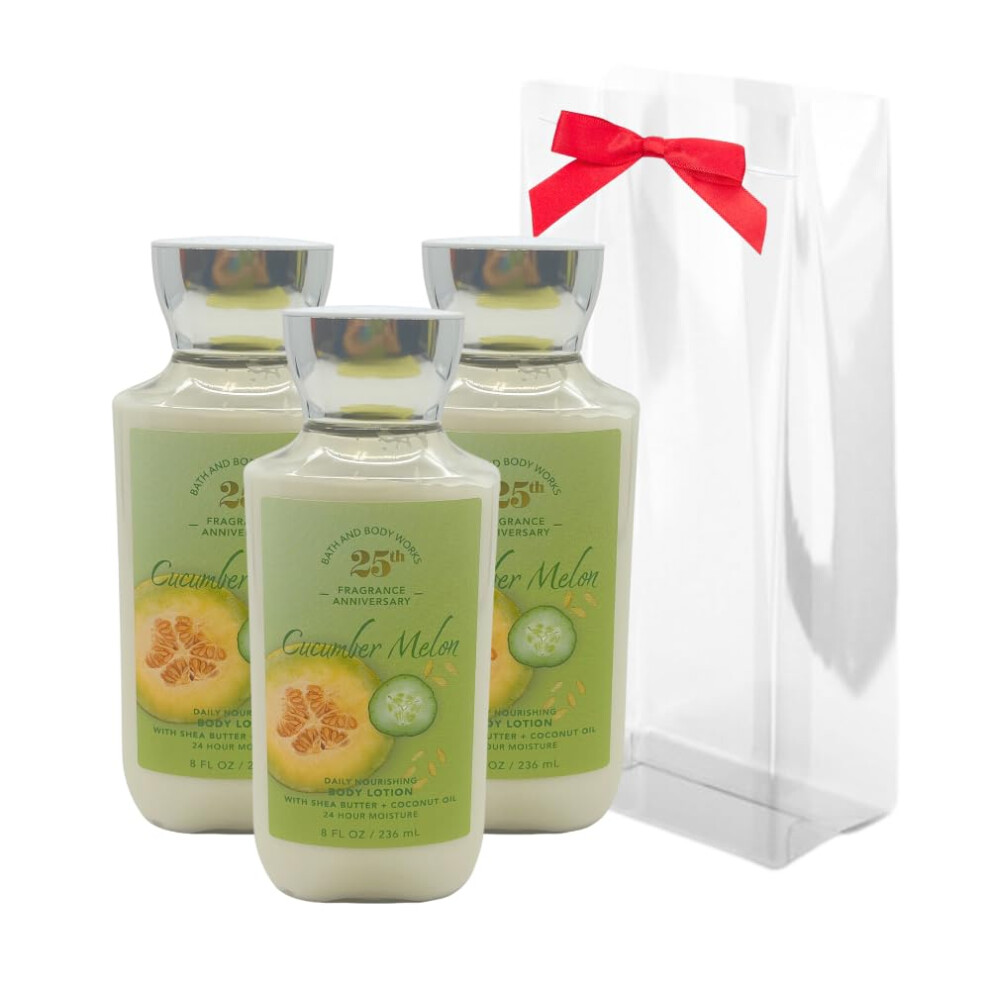Bath & Body Works CUCUBRIMBER MELON BODLE LOTION 8 FL OZ Gift Set avec un arc rouge pour les vacances et des cadeaux de 3 - Edition limit   e