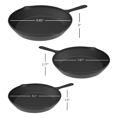 Frigideiras - Conjunto de 3 frigideiras de ferro fundido pr-temperadas com tamanhos de 10, 8 e 6 polegadas - Panelas de acampamento antiaderente 1