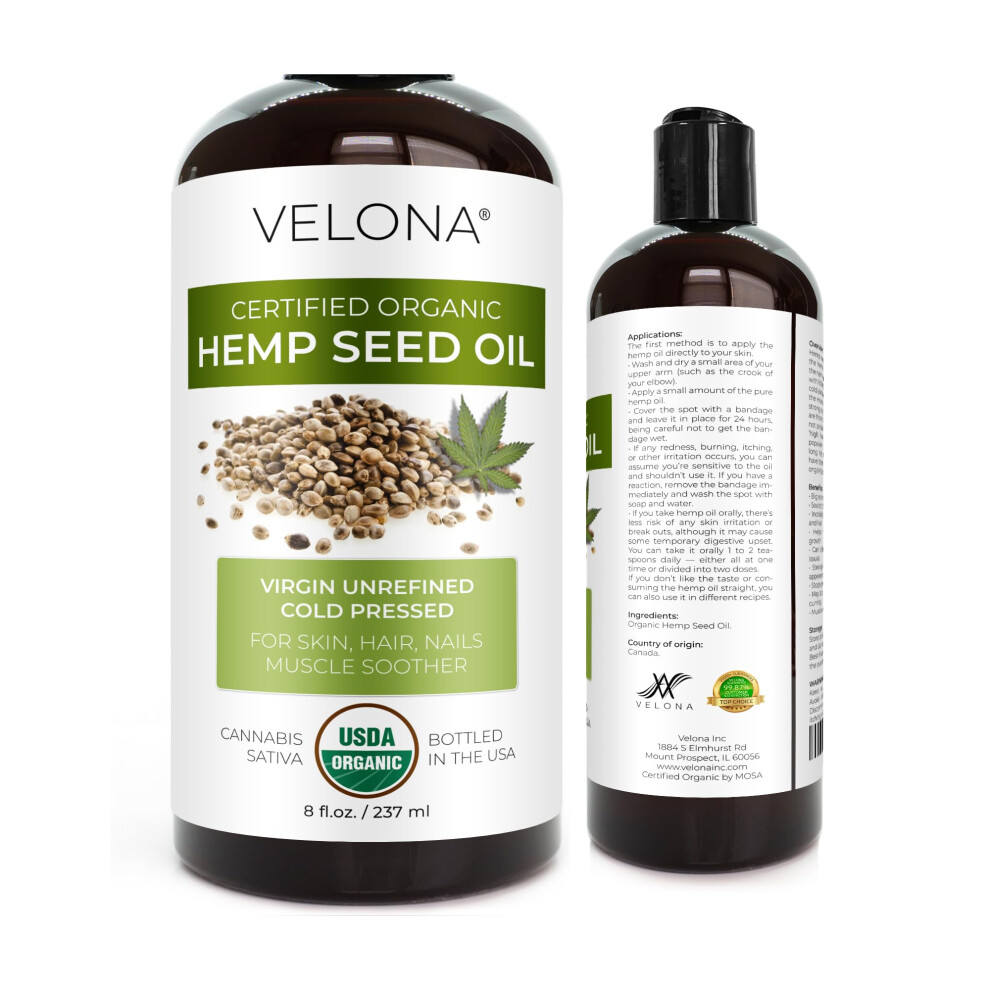 Velona Green/Golden Hemp Seed Oil Usda Certified Organic - 8 Fl Oz | 100% Pure And Natural Carrier Oil | Unrefined Cold Pressed