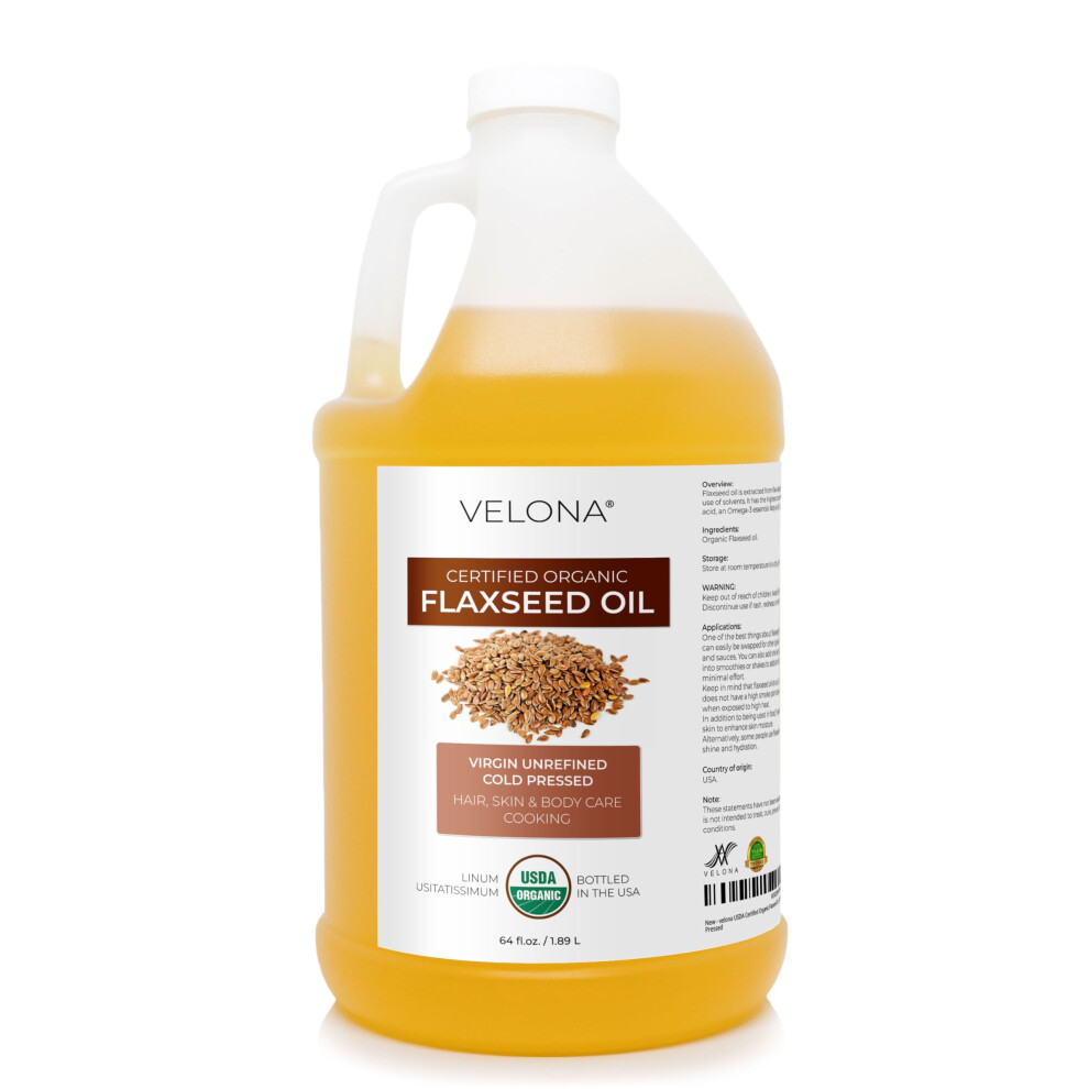 Velona Usda Certified Organic Flaxseed Oil - 64 Fl Oz | 100% Pure And Natural Carrier Oil | Unrefined Cold Pressed |Body Face & Skin Care | Use