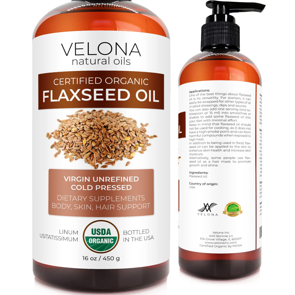 Velona Usda Certified Organic Flaxseed Oil - 16 Fl Oz | 100% Pure And Natural Carrier Oil | Unrefined Cold Pressed | Hair Growth Body Face & S