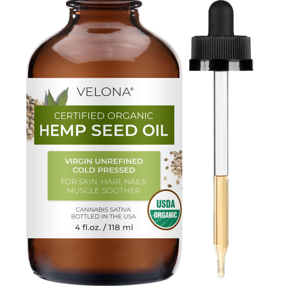 Velona Hemp Seed Oil Usda Certified Organic - 4 Fl Oz | 100% Pure And Natural Carrier Oil | Unrefined Cold Pressed | Hair Body Face & Skin Car
