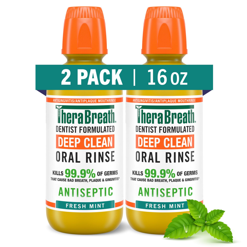 TheraBreath Deep Clean Mouthwash Antigingivitis Antiseptic Fresh Mint Flavor Dentist Formulated Alcohol Free 16 fl oz (Pack of 2)