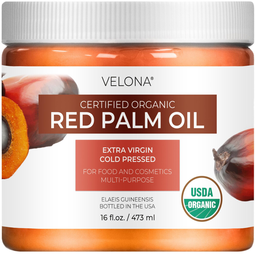 Velona Red Usda Certified Organic Palm Oil 16 Fl Oz | Food And Cosmetic Grade | In Jar | Extra Virgin Cold Pressed | Skin Face Body Hair Care