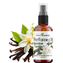 Sweet Essentials Jasmine Vanilla fragranza/olio di profumo fatto con oli biologici spray da 2 oz su peli di profumo e olio per il corpo - silicone al