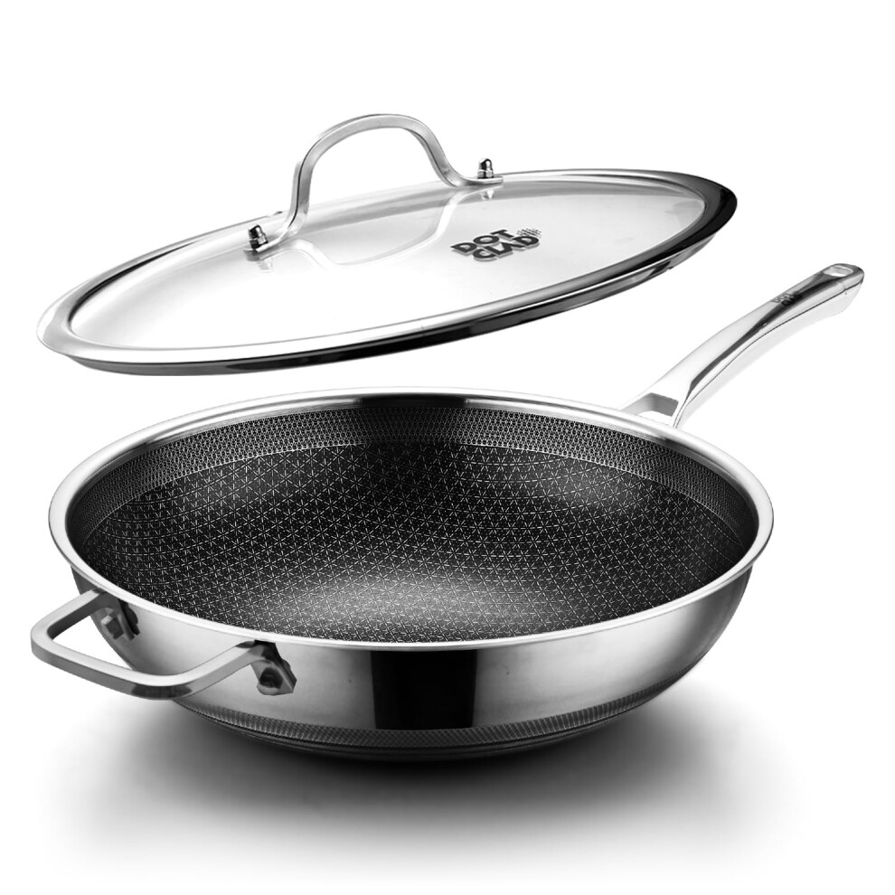 DOTCLAD Wok pan Hybrid 12 inch Wok with Lid PFOA Free Cookware non stick Stainless Steel Woks & Stir-fry pans Nonstick Dishwasher and Oven Safe