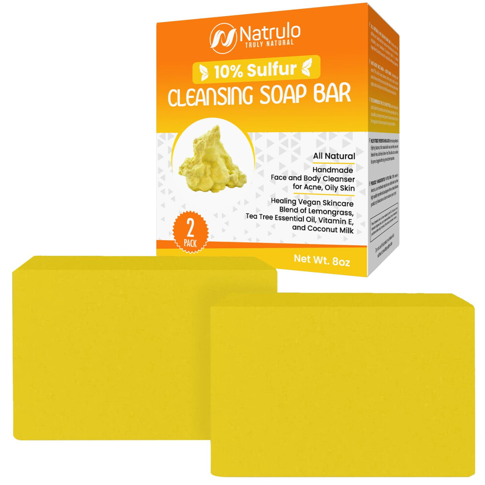 Natrulo 10% Sulfur Soap Cleansing Bar For Face & Body - All Natural Facial Cleanser For Acne, Oily Skin - Healing Skincare Blend Of Lemongrass, Tea Tree Essen