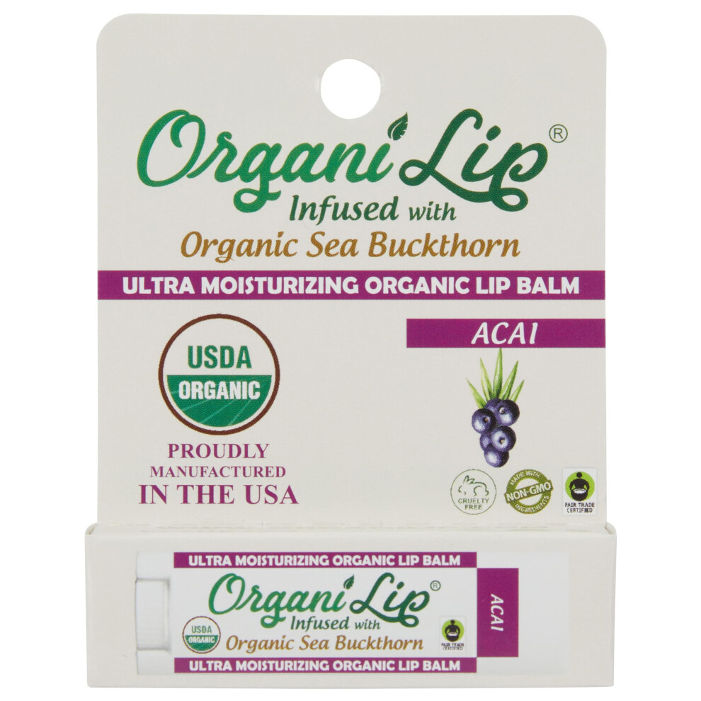 Organilip Organic Lip Balm Acai Flavor Ultra Hydrating Lip Moisturizer For Cracked Or Dry Lips Infused With Organic Sea Buckthorn Oval Shaped