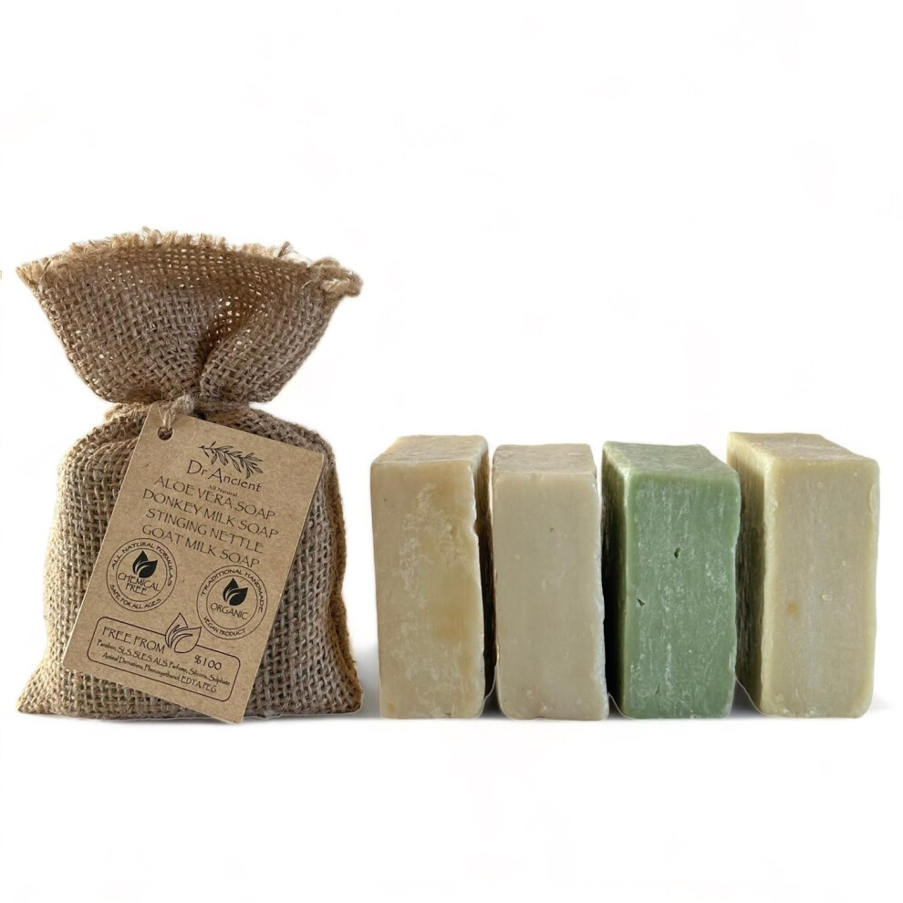Dr.ancient Aloe Vera Soap + Stinging Nettle Soap + Goat Milk Soap + Donkey Milk Soap Organic Natural Traditional Handmade Antique - Absolutely No Chem