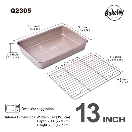 Bandeja para Asar Bakeley con Rejilla, Rectangular Antiadherente 13.78" x 9.84" x 2.36" (Oro Champán) 1