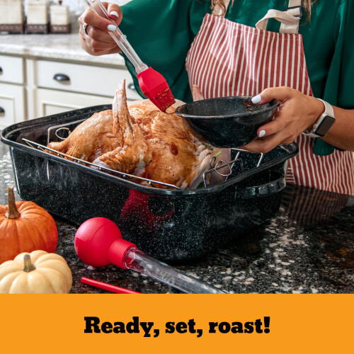 Granite Ware 25 lb Rectangular Roaster Set (10pcs)  includes Lid  V-Rack  2 pack brining bags  oven/grill-safe meat Thermometer  Turkey Baster wi 1