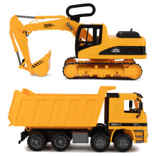 Toy To Enjoy Excavator & Dump Truck Toy for Kids (Set of 2) - Moveable Claw & Lifting Back - Garbage Truck & Bulldozer Digger - Construction Vehi