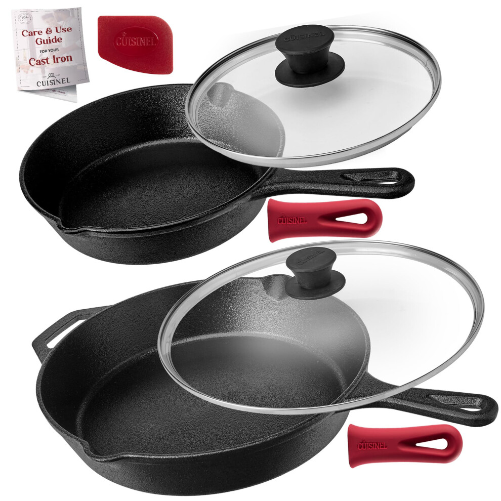 Cuisinel Cast Iron Skillet Set - 8"""" + 12""""-Inch Frying Pan + Glass Lids - Pre-Seasoned Cookware - Heat-Resistant Holders - Indoor/Outdoor Use --image-OPC-PHTGKPQ-NEW