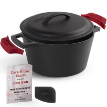 Cuisinel Gietijzeren braadpan - 3-kwart diepe pan + deksel + pannenschraper + handvatafdekkingen - Groot voorgekruid fornuis voor het bakken van
