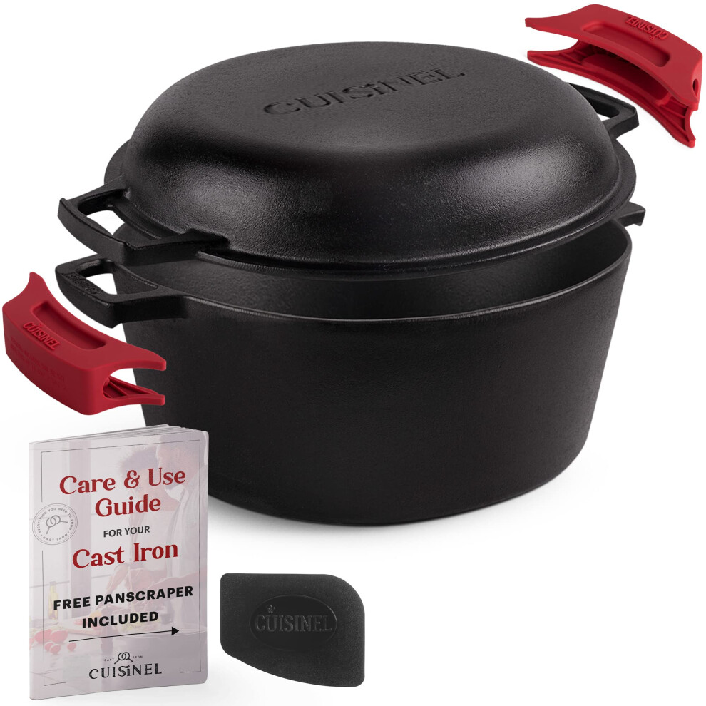 Cuisinel Cast Iron Dutch Oven 7-Quart - Pre-Seasoned 2-in-1 Deep Pot Multi-Cooker - Combo Lid Doubles as 12"""" Skillet Frying Pan + Silicone Handl